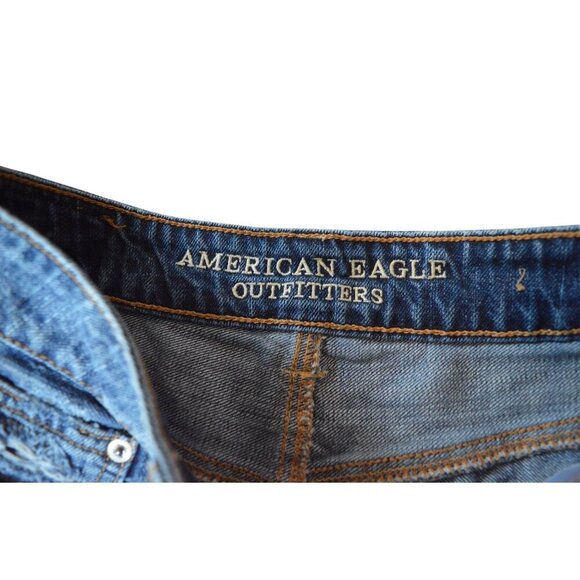 American Eagle Hi Rise Micro Mini Festival Distressed Denim Lace Shorts Size 2 - Picture 2 of 8